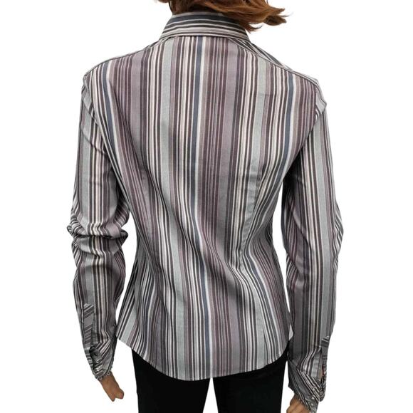 Elie Tahari Blouse Ruffled Front Cuffs S Button down Purple Multicolor Striped - Picture 9 of 12